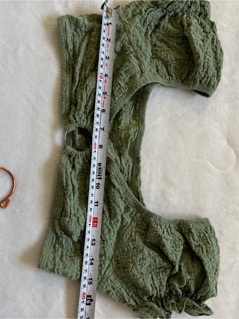 Sage Green Textured Two Piece Beach Set Wrap Skirt Puff Sleeve Top - Picture 9 of 11